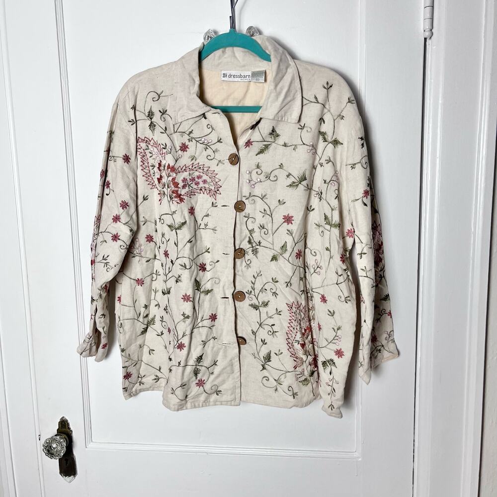 Vintage 90s Dress Barn Embroidered Granny Floral Shacket Jacket Paisley Linen 1X